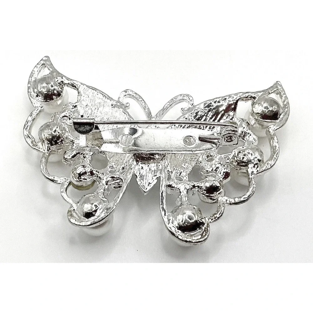 Silver Tone Butterfly‎ Brooch Rhinestone Pearl 2
